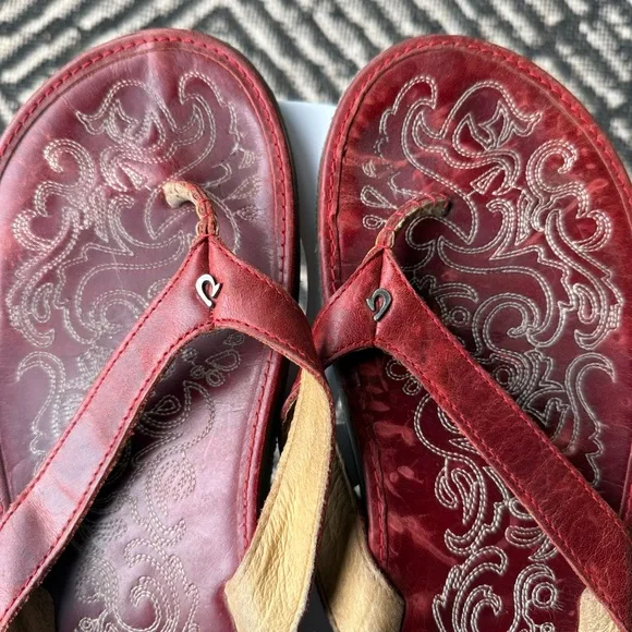 OluKai | Shoes | Olukai Paniolo Red Leather Embroidered Sandals